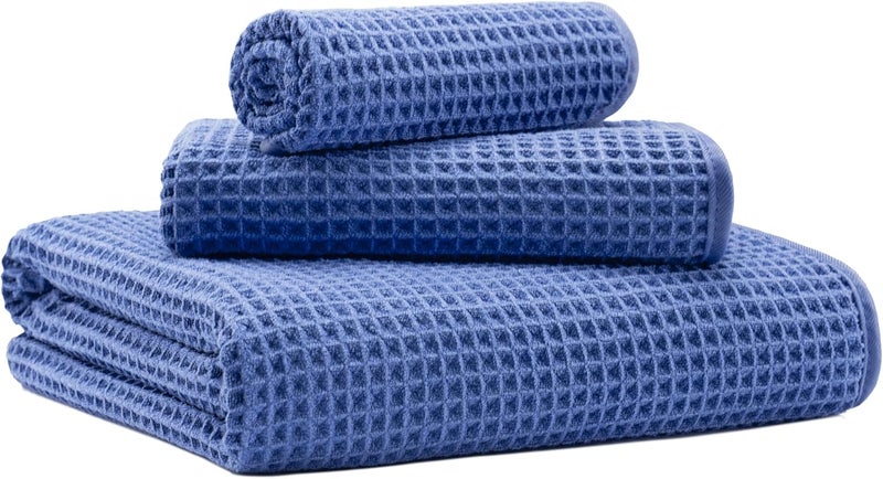 MICROFI New Microfiber Waffle Bath Towels, 3 Pieces, Oversized, Soft, Absorbent, Fast Drying, Lint Free, Includes Bath, Face and Hand Towels (Dark Blue) - Image 1